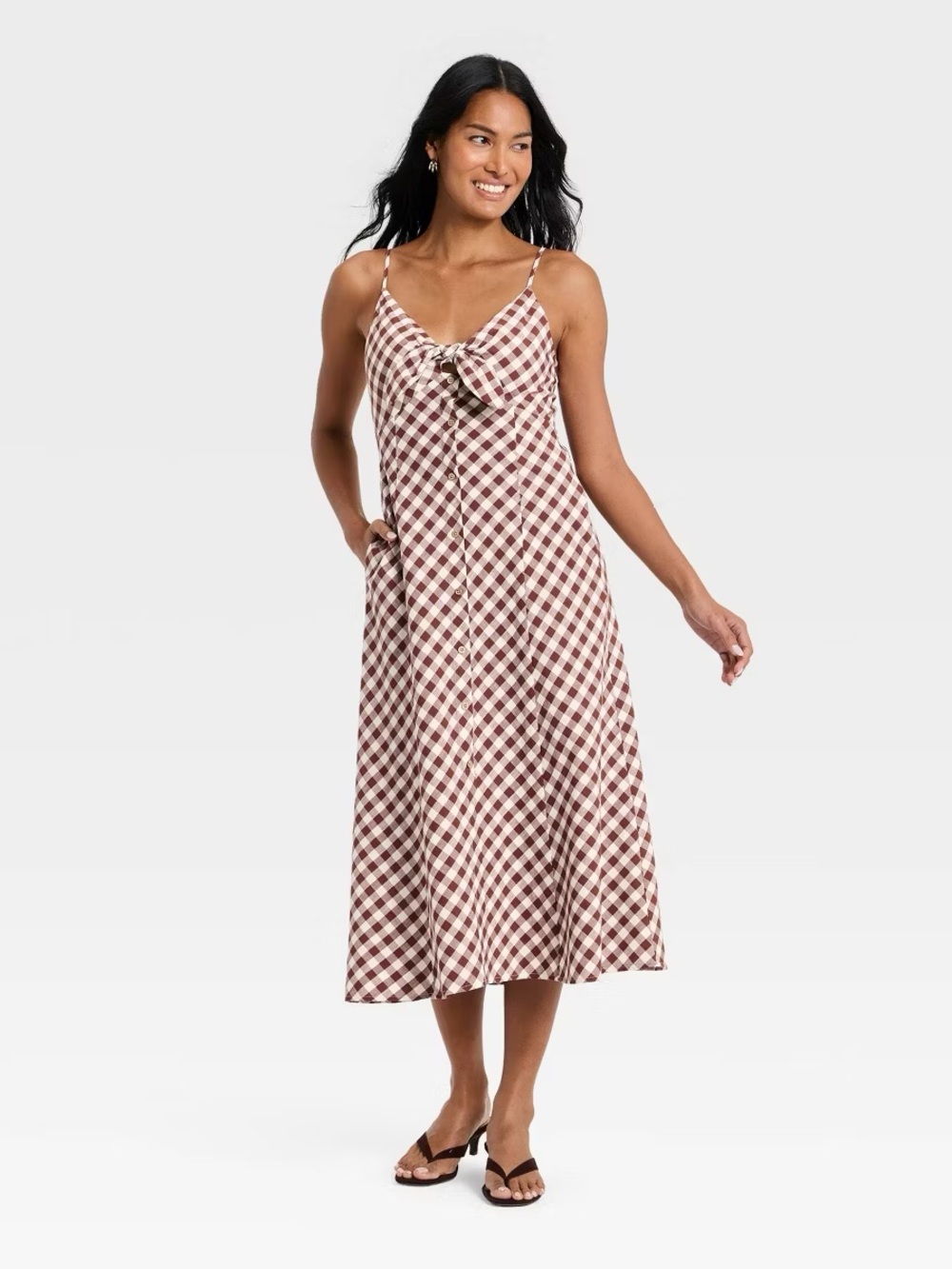 Target Brown & Cream Gingham Tie-Front Midi Dress with Spaghetti Straps
